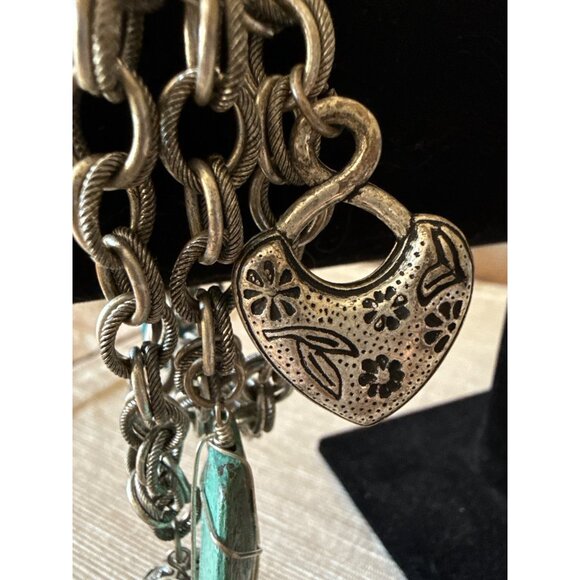 Boho Silver Tone Charm Bracelet Hearts Turquoise Glass Beads Toggle Statement - Picture 6 of 16